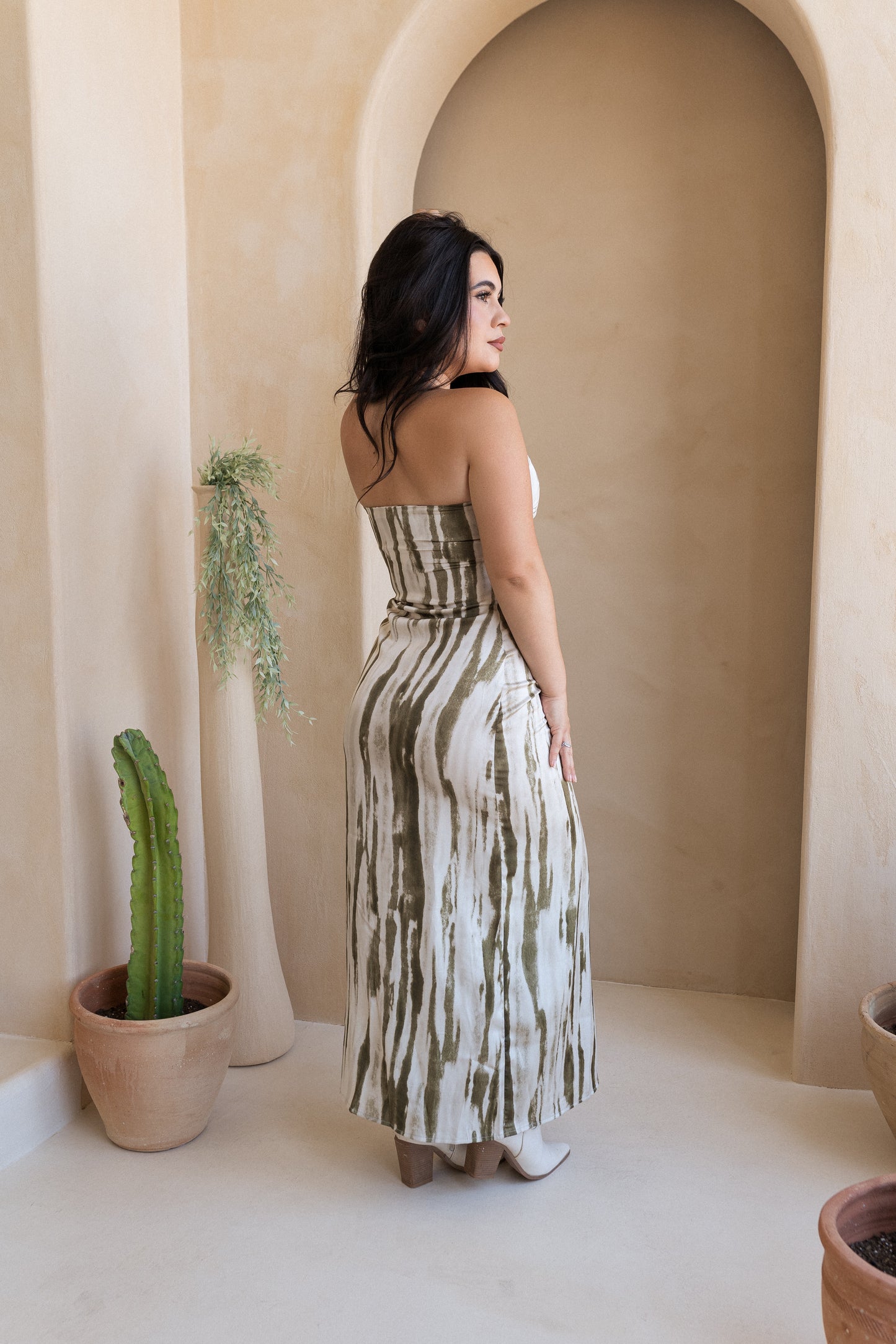 SAGE MAXI MARBLE STRAPLESS DRESS